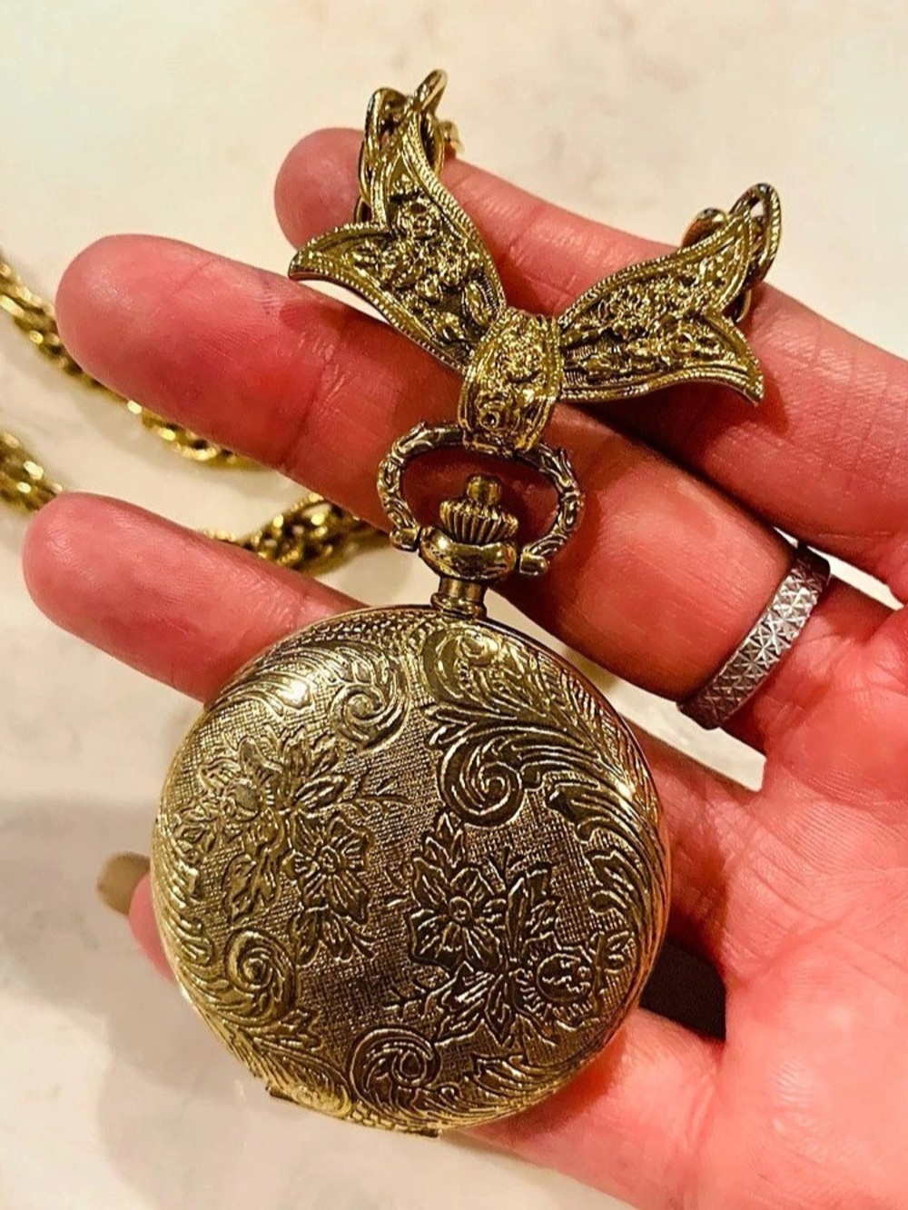1928 Jewelry Vintage 1928 Pocket Watch Locket Necklace with Bow Vintage Pocket